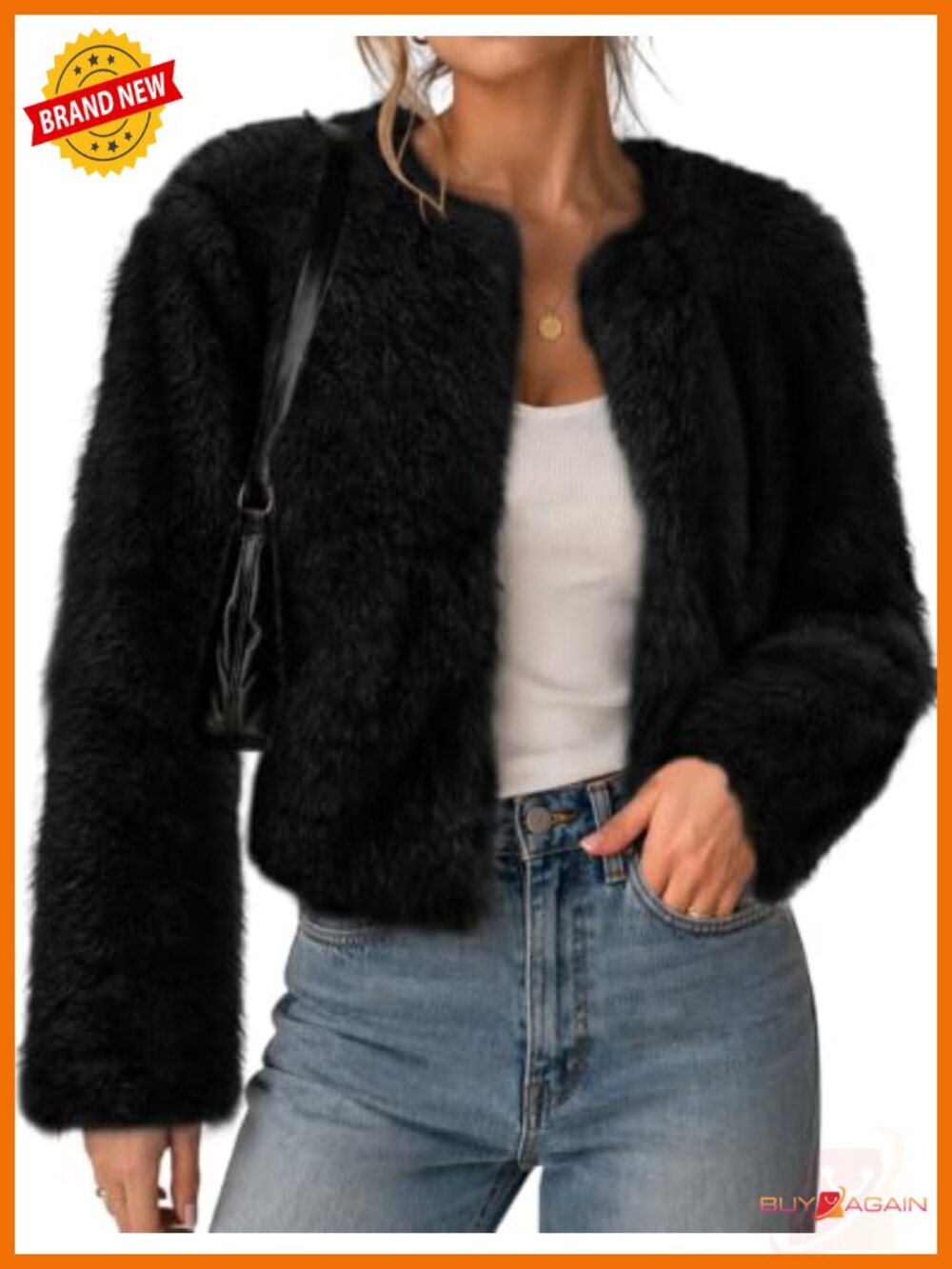 LOMON Women's Cropped Faux Fur Coat Long Sleeve Open Front Cardigan